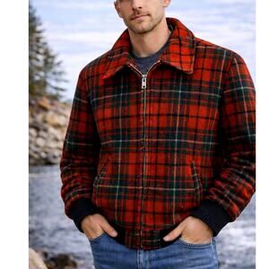 Huckberry Vintage L Plaid 100% Wool Bomber Jacket $350 Quilted Coat Red 44